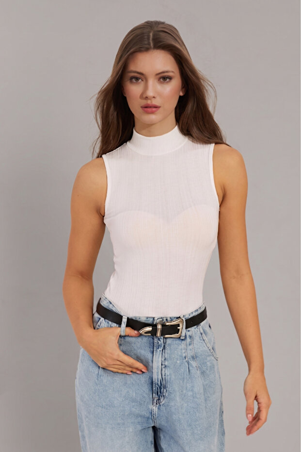 Women's White Ribbed Sleeveless Blouse App1261