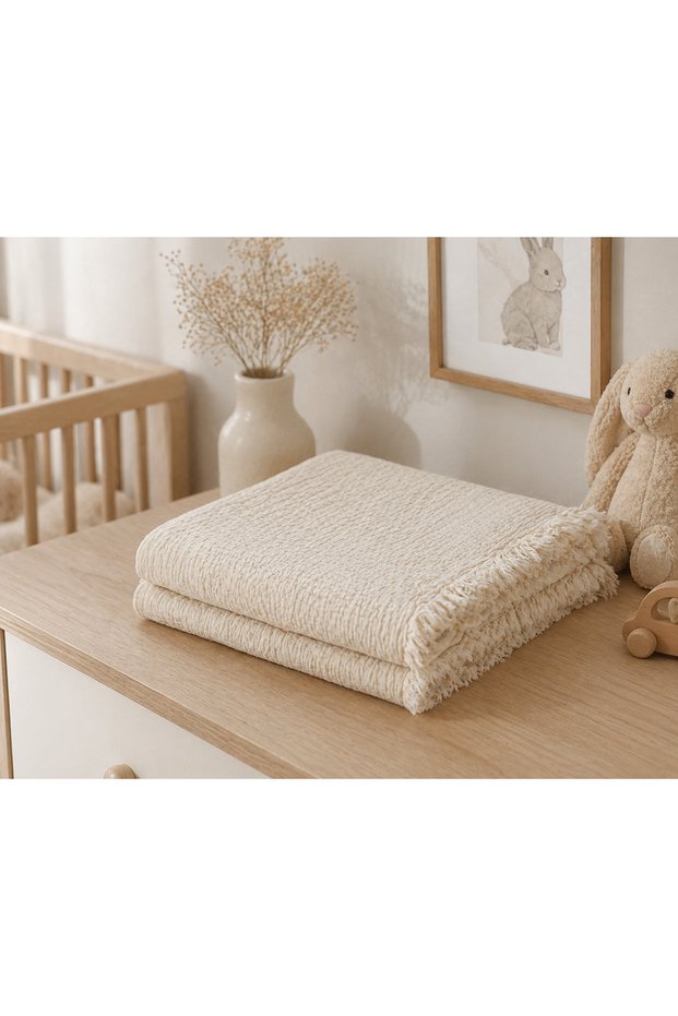 4 Layer Cream Color 100% Cotton Muslin Fringed Baby Blanket (90X110 cm)