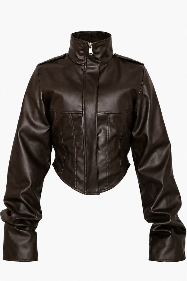 Women's Cropped Leather Jacket - Brown New Season Corset Detail