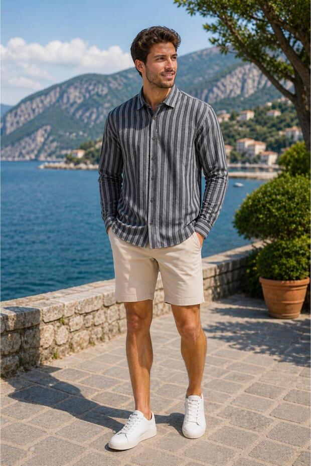 Striped Long Sleeve Men's Linen Shirt (Eg-1866)
