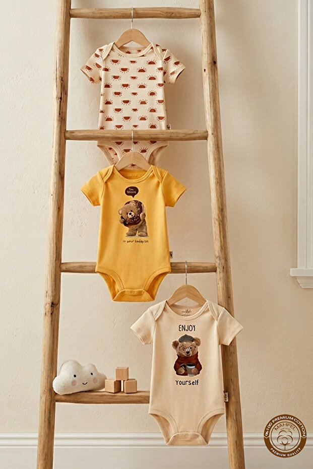 100% Cotton Premium 3-Piece Organic Printed Snap Fastener Baby Bodysuit