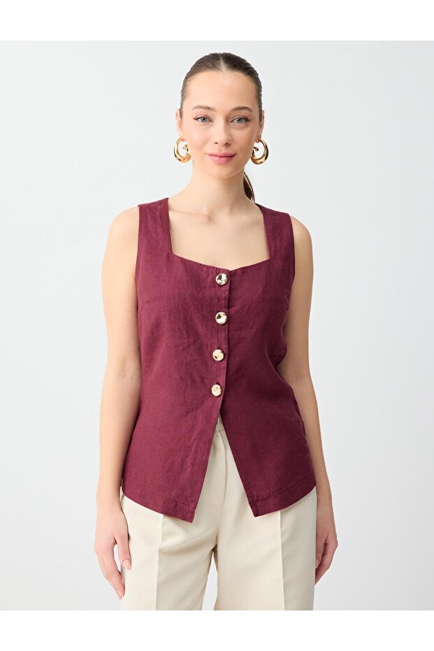 Burgundy 100% Linen Shiny Button Detail Flat Cut Vest