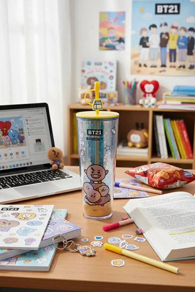 Bt21 Licensed Holographic Design Double Wall Bottle with Straw Shooky 800 ml