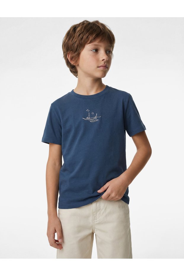 Crew Neck Short Sleeve Embroidered Cotton T-Shirt