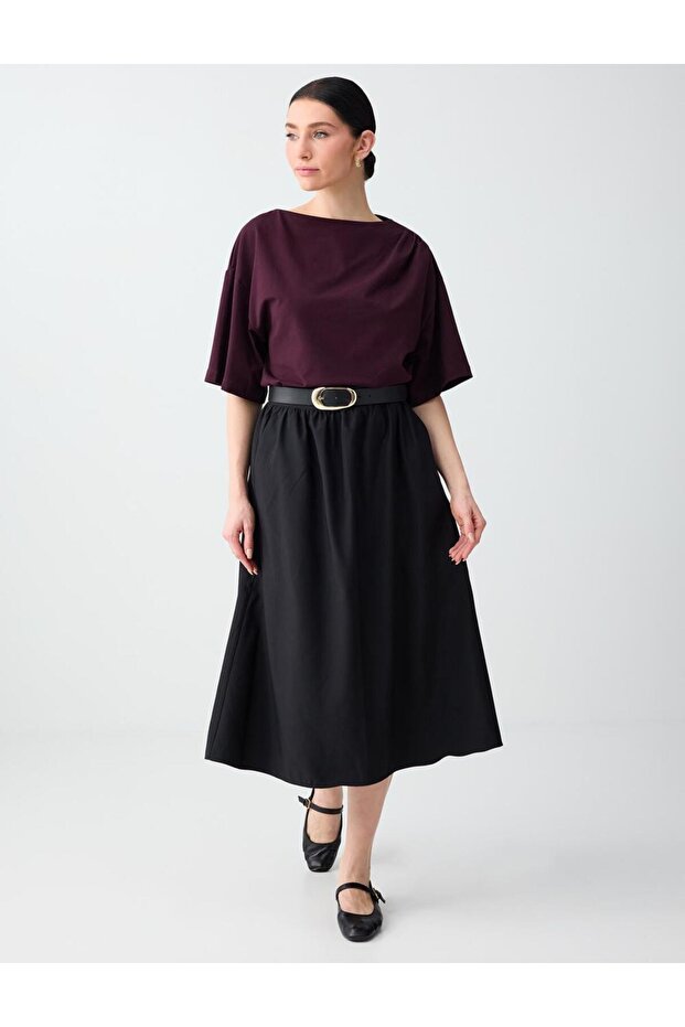 Black Comfortable Cut Regular Waist Pocket Detailed Woven Midi Skirt
