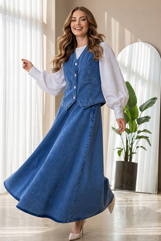 Denim Vest Skirt Suit Blue 2186