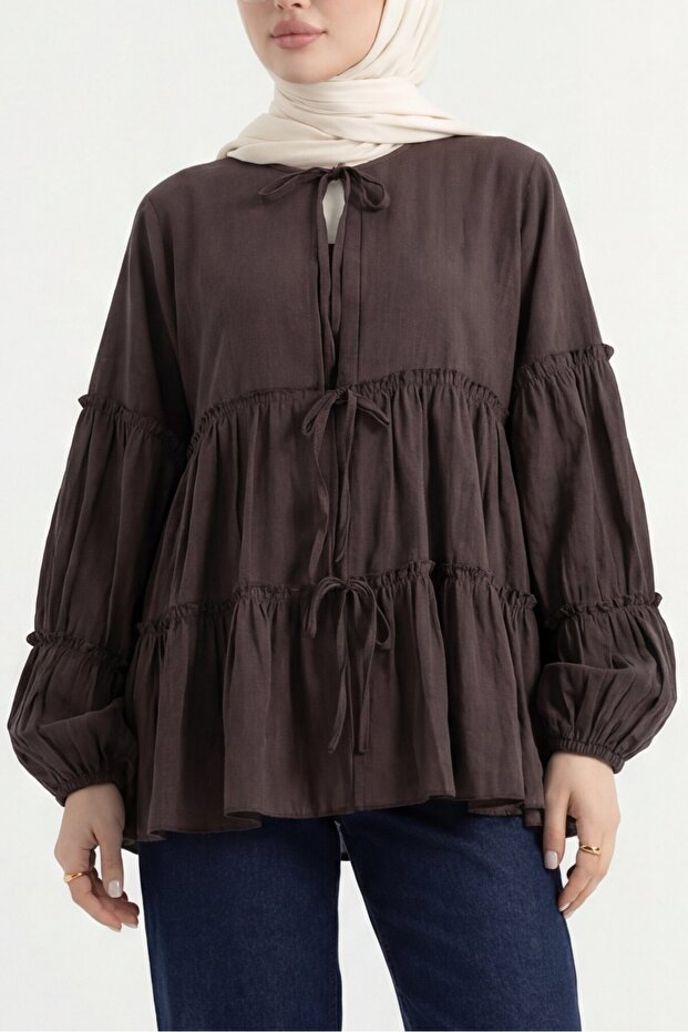 Layered Modal Shirt with Elastic Sleeves and Tie Front - Brown