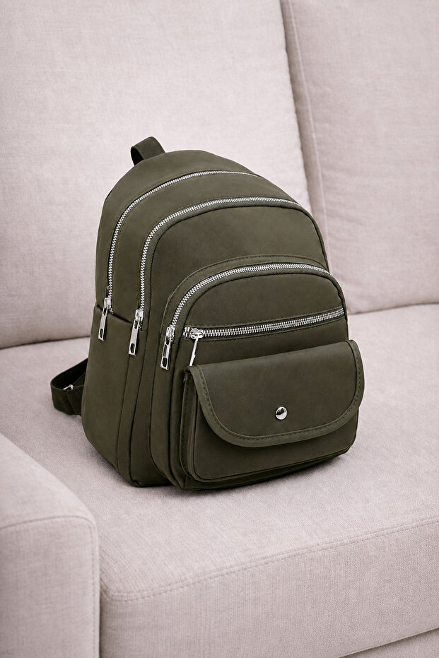 Women's Khaki Medium Size Multi-Compartment Fabric Backpack – Stylish Design with Large Volume and Zipper for Daily Use