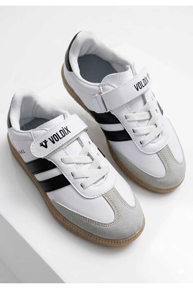 White Black Children's Sneaker Flat Sole Velcro Lace-Up Sports Shoes