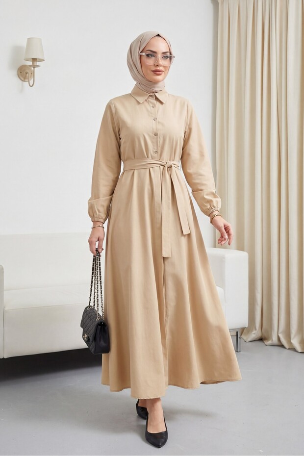 Half-Buttoned Tie-Waist Dress - Light Mink