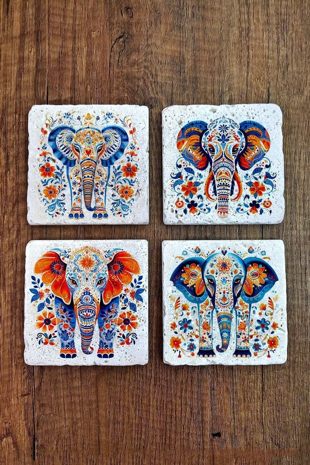 Natural Stone Coasters Set of 4 10X10X1 cm Colorful Elephant Printed -Stone Coasters