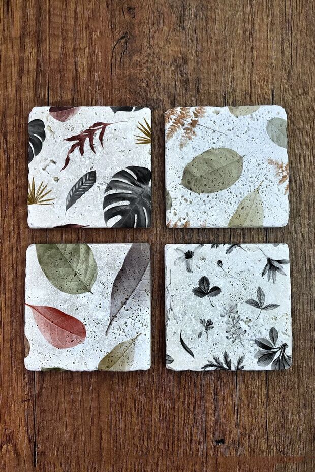Set of 4 Natural Stone Coasters 10X10Cm - Leaf Patterned Stone Coasters