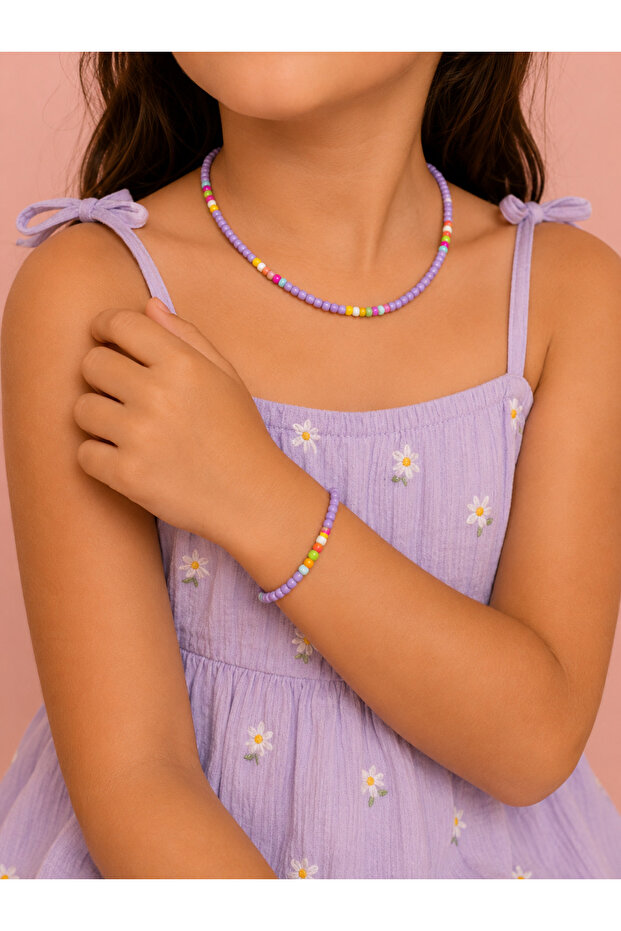 Children's Purple Necklace Bracelet Set Handmade Bijouterie Gift Accessory