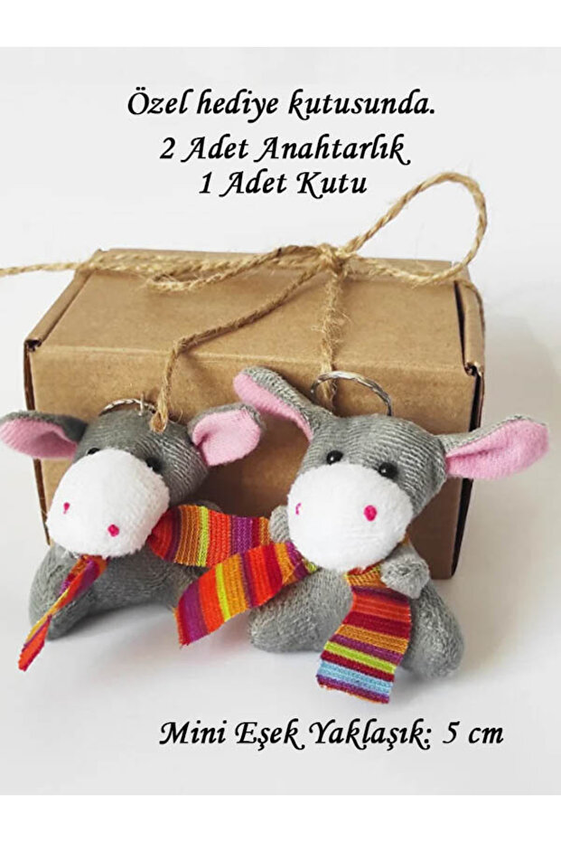 2 Pieces Plush Toy Donkey Keychain with Kraft Box - 5 cm - Birthday - Bag Ornament - Gray