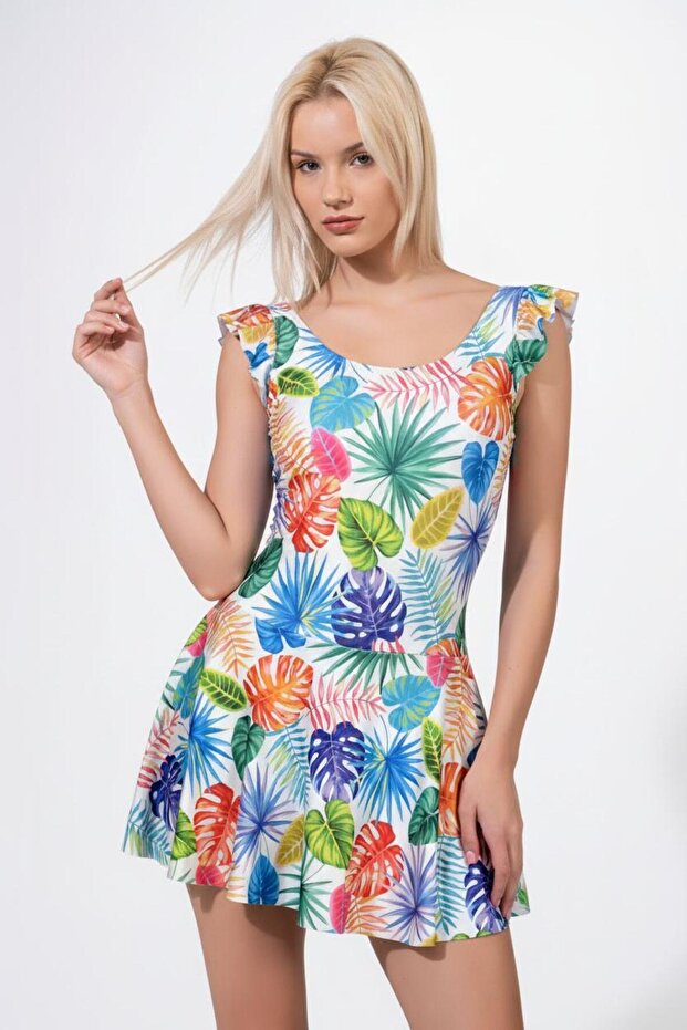 Beria Women's Ruffle Detailed Leaf Patterned Skirted Dress Swimsuit