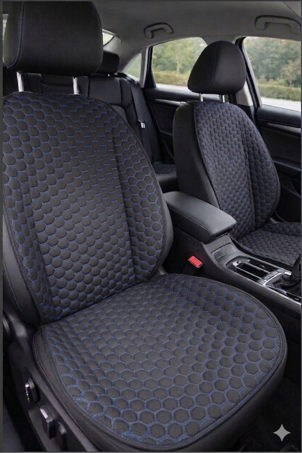 Renault Clio 4 Compatible Non-Slip Based Car Seat Cushion Set - 5-Piece Full Set - Sponge-Backed - Quilted - Anti-Sweat Fabric - Practical Installation (Black-Blue)