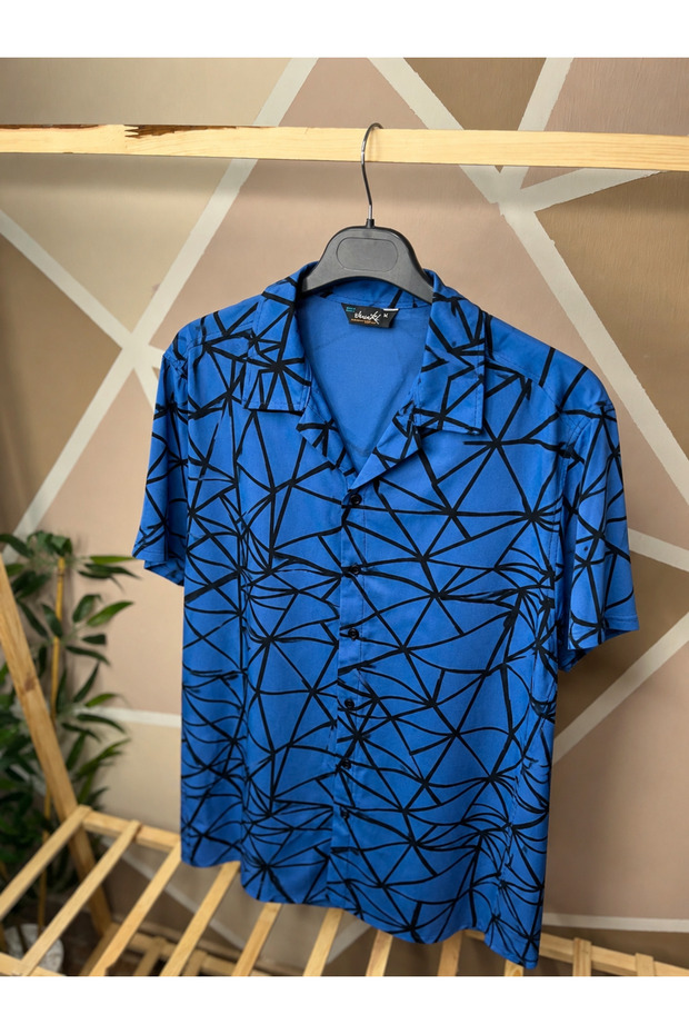 Blue - Black Color Patterned Viscose Men's Shirt