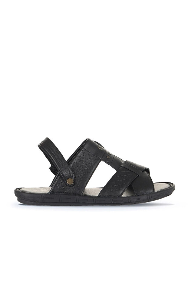 Black Printed Leather Men's Flat Sandals 25Ms1411