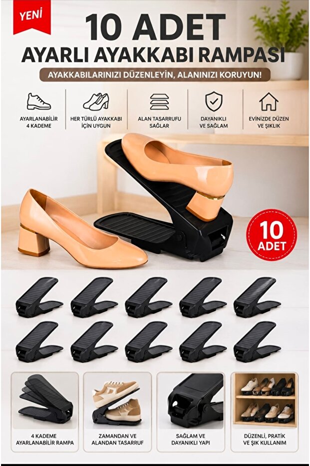 10 Pieces Adjustable Shoe Ramps - Height Adjustable Shoe Organizer In-Cabinet Organizer