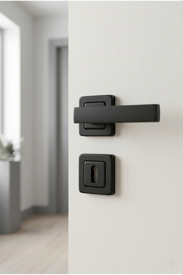 Matte Black Square Badge Room Door Handle – 1 Set (Right & Left) – Stainless Aluminum