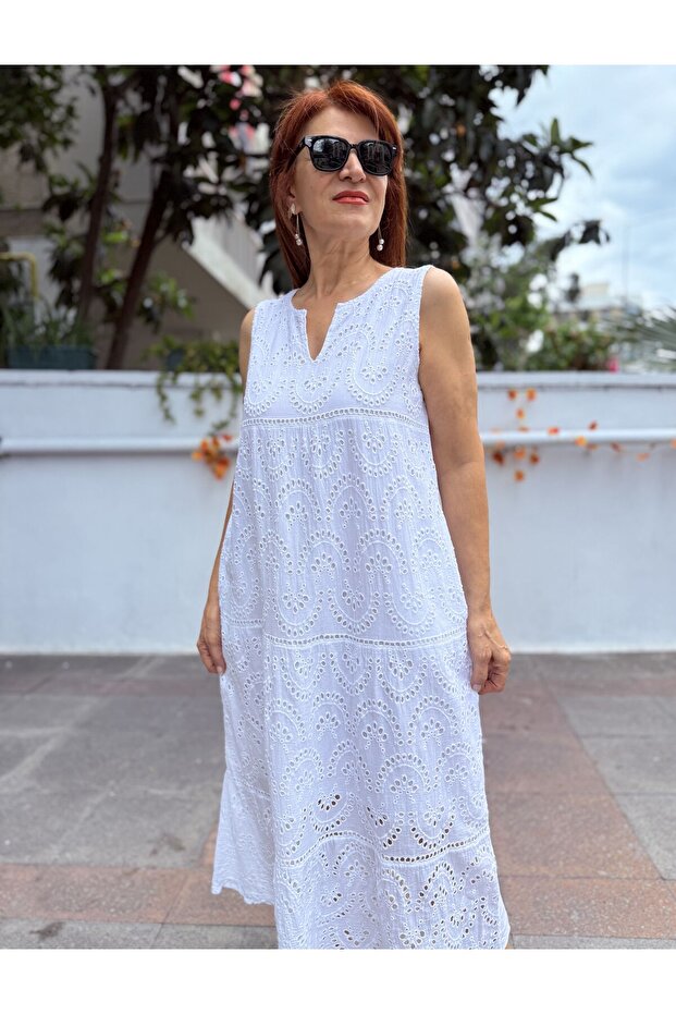 Rochie lungă brodată, căptușită, albă KolBerli - 3