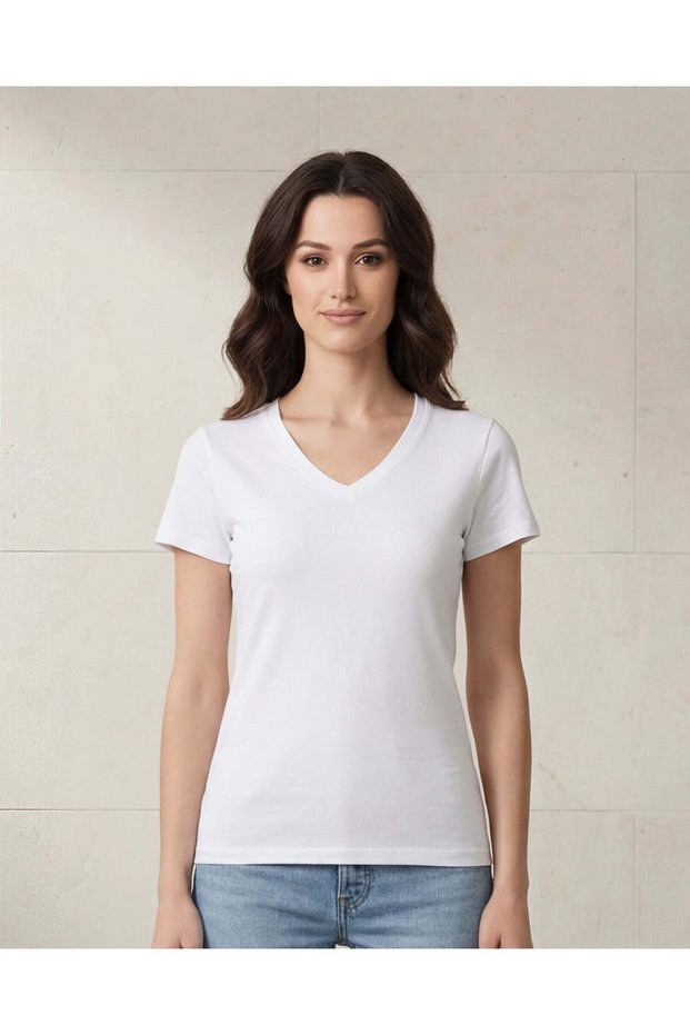Women White Short Sleeve V- Neck T-Shirt