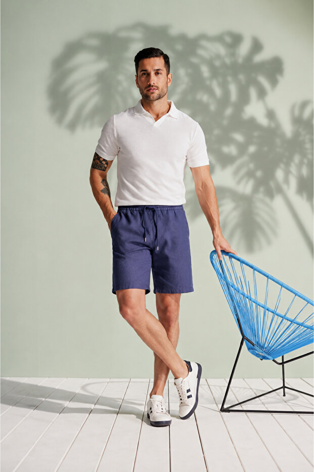 Men's Relaxed Fit Jogger Shorts with Side Pockets and Elastic Waist, Linen Texture, Navy Blue