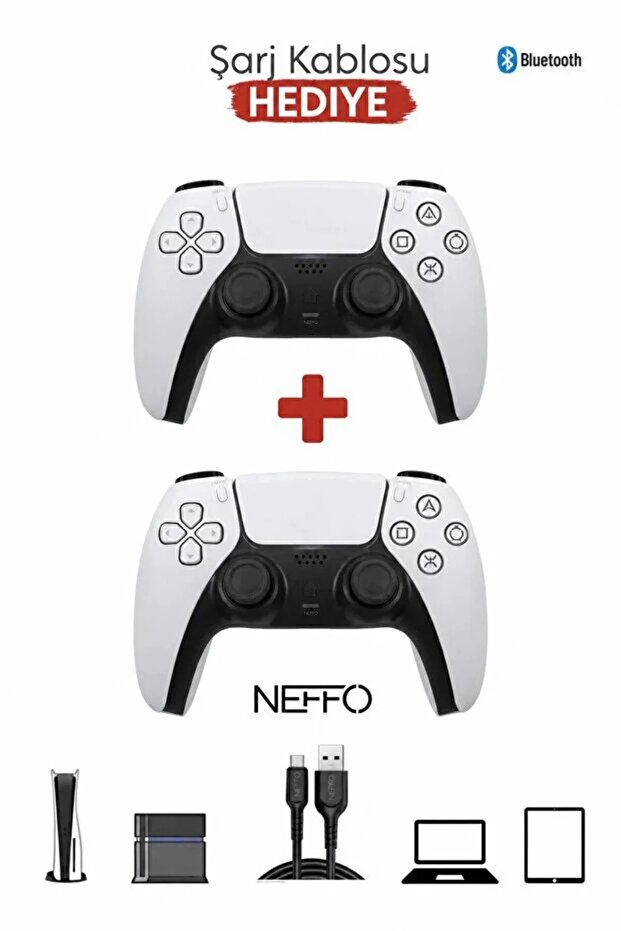 NEFFO Bluetooth Oyun Kolu Ps4 Ps5 Ve Pc Uyumlu Wireless Kablosuz Oyun Kolu Joystic 2 Adet