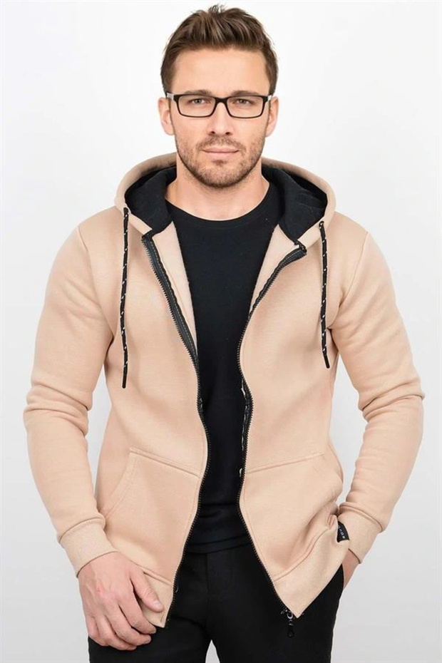 Three Thread Ribbed Cotton Zippered Hooded Sweatshirt Cardigan Beige Czn03