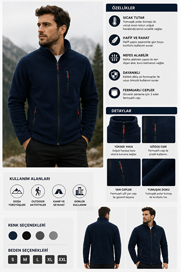 Unisex Navy Blue Polar Jacket with Zipper – Suitable for Cold Weather, Comfortable and Stylish Design