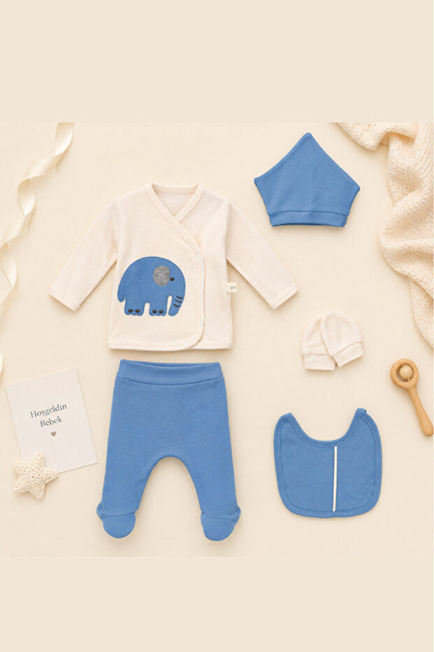 Organic Baby Boy Teddy Bear Patterned 5-Piece Jumpsuit Hospital Release Newborn Outfit Baby Bib