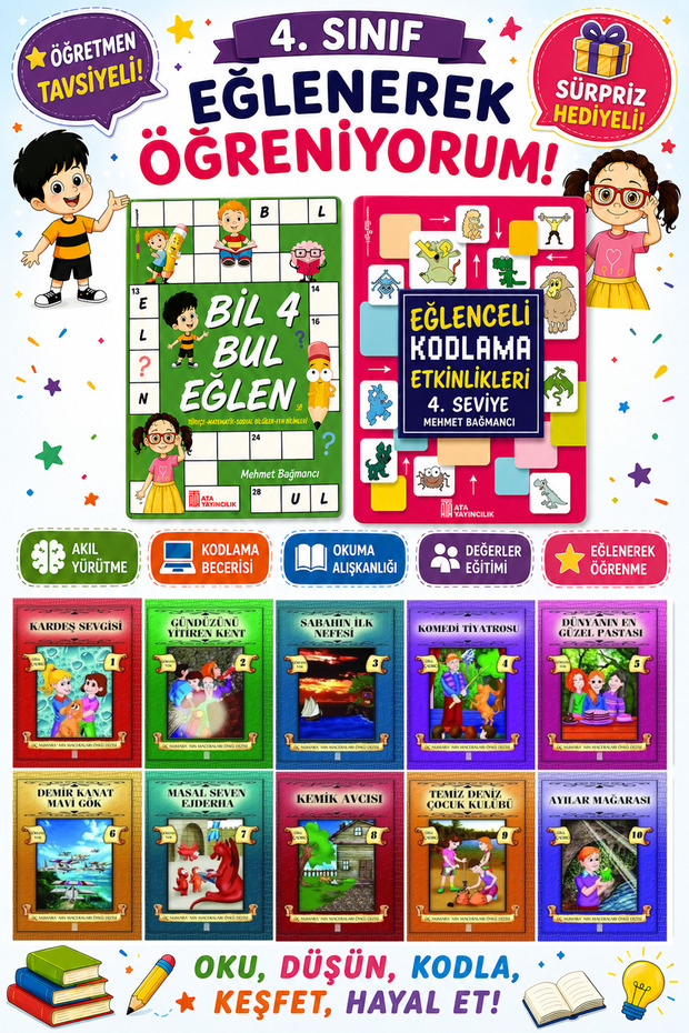 4.Sınıflar İçin Okumayı Sevdiren 10 lu Hikaye Seti -Bil Bul Eğlen-Kodlama 4 (Okulda Evde Tatilde)