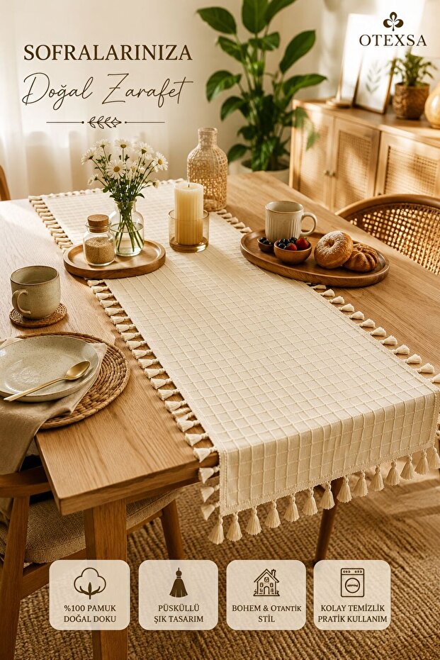 100% Cotton Tasseled Runner 40X110 cm |   Bohemian Authentic Square Pattern Lace Detail Tablecloth Premium