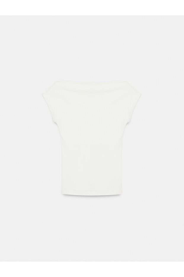 32839 Tricou Basic cu guler larg-Ecru - 6