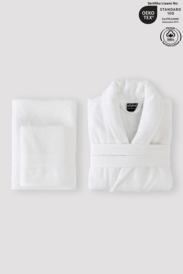 3 Piece Bathrobe Set 100% Cotton Certified, Shalyakalı Bathrobe Body and Head Towel Set White