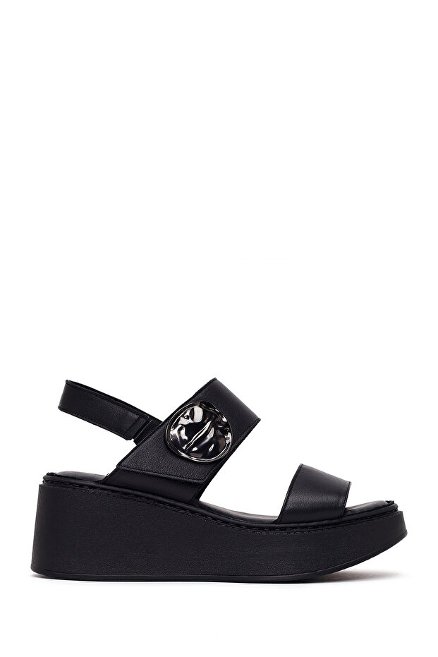 Women's Black Strappy Wedge Heeled Leather Comfort Sandals 26Sfd342218