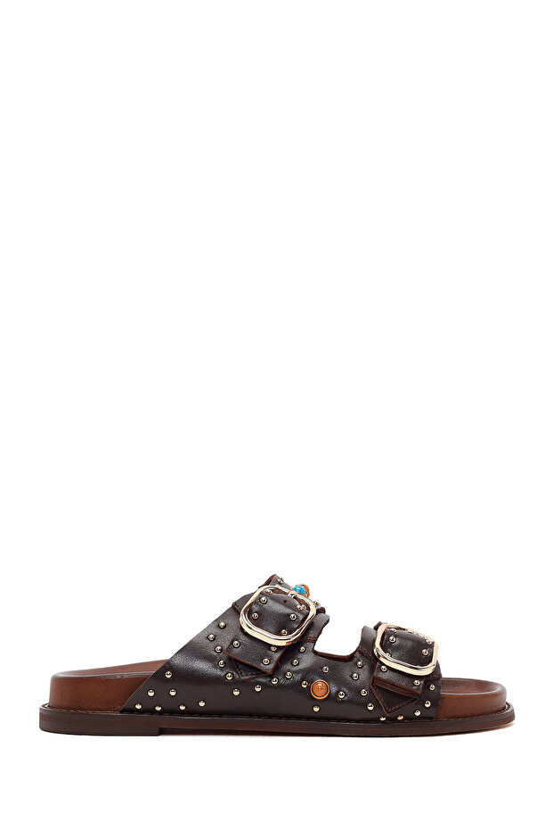 Women's Brown Studded Leather Slippers 26Sfd550818