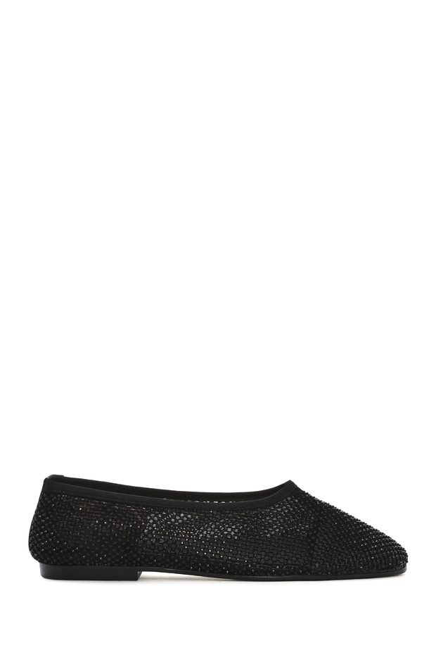 Women's Black Stone Genuine Leather Ballerinas, Summer Shoes 25Sfd1817Ts