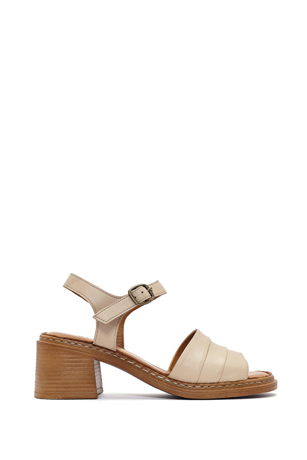 Women's Beige Ankle Buckle Thick Heeled Leather Sandals 26Sfd341518