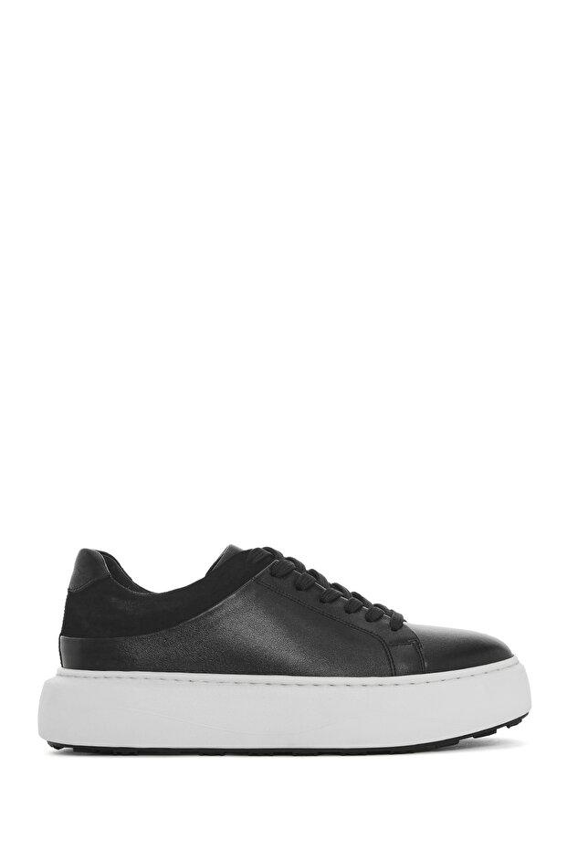 Men's Black Lace-Up Thick Sole Sports Shoes, Genuine Leather Sneaker 25Sfd641618