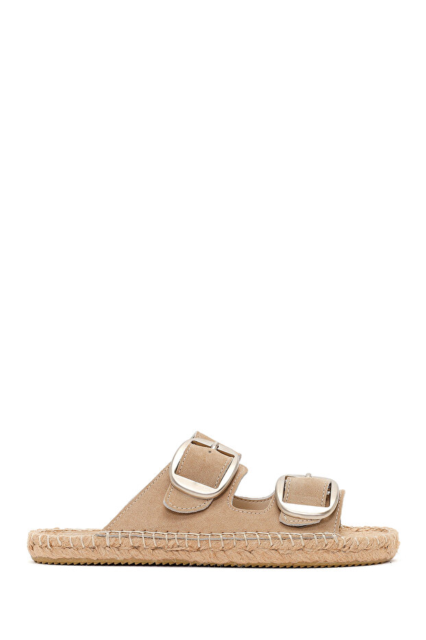 Women's Beige Buckle Suede Leather Espadrille Slippers 26Sfd205310
