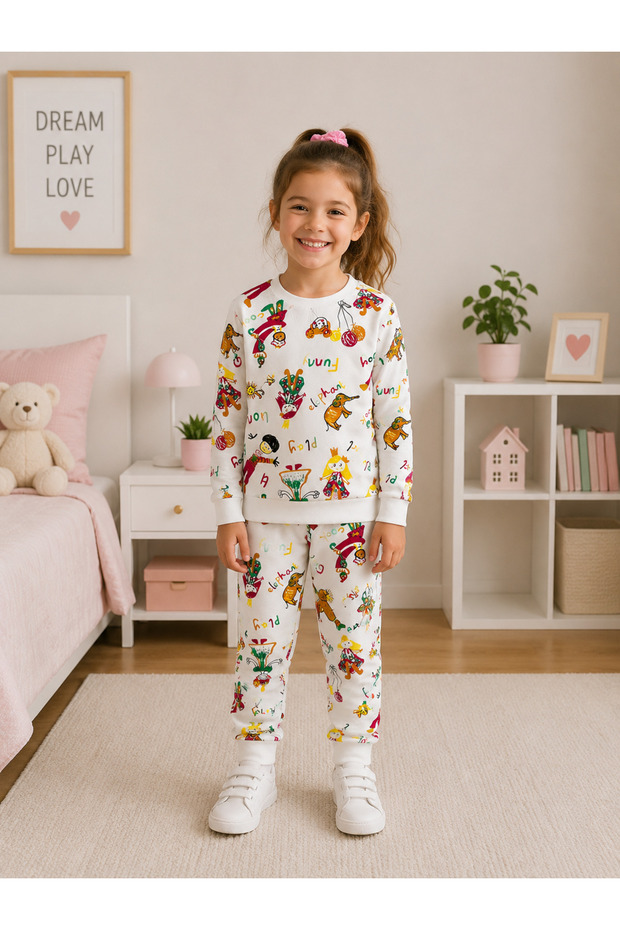 Girl's Cotton Fabric Ecru Color Balloon Girl Patterned Long Sleeve Seasonal Pajama Set