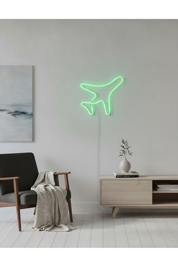 Uçak Figürlü LED Neon Duvar Tablosu | Yeşil Aydınlatmalı Modern Dekor | Çocuk Genç Odası - 3