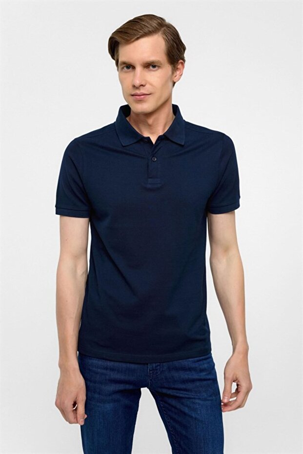 Navy Blue Slim Plain Zippered Polo Collar T-Shirt