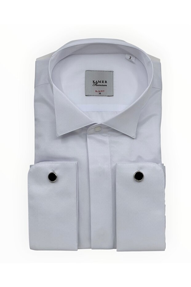 Men's Slim Fit Ata Collar Satin Hidden Buttoned White Bridegroom Shirt 2112B