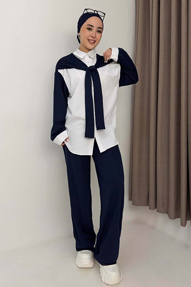 Oysho fabric shoulder belted garnished shirt set navy blue