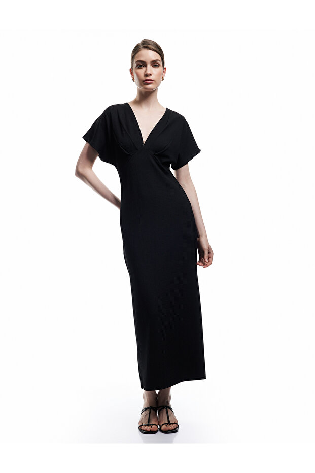Wrap Fabric Textured Short Sleeve Long V Neck Dress