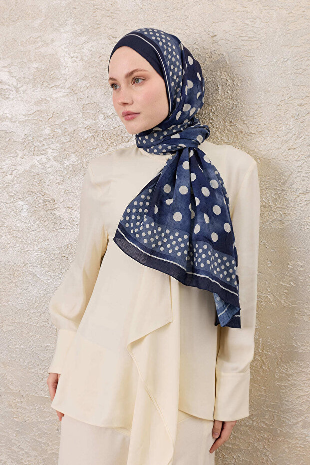 Navy Blue Bordered Polka Dot Patterned Kraş Shawl - 5