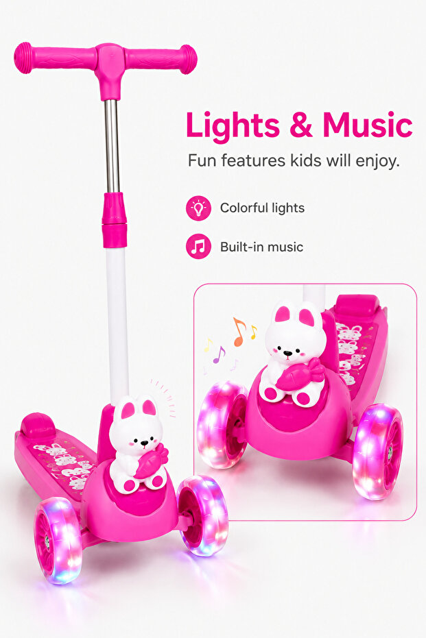 3 Wheel Scooter for Kids with Bunny Figure, Adjustable Height, Pink Blue