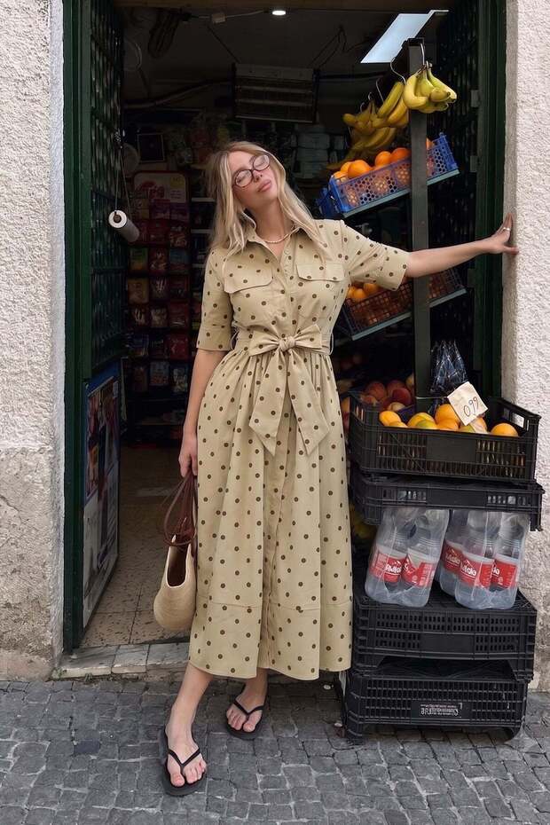 Button Closure Polka Dot Patterned Cotton Dress Çağla 9466-E
